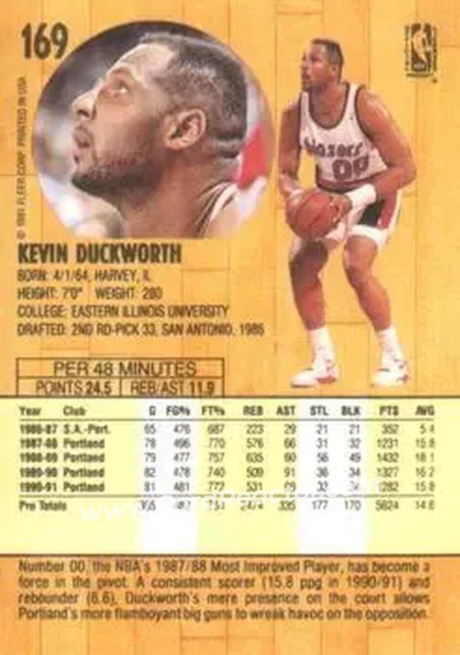 1991-92 Fleer #169 - Kevin Duckworth - Portland Trail Blazers - Back 1991-92 Fleer #169 - Kevin Duckworth - Portland Trail Blazers - Back