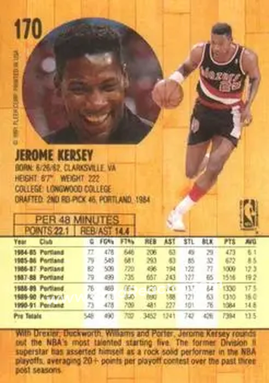 1991-92 Fleer #170 - Jerome Kersey - Portland Trail Blazers - Back 1991-92 Fleer #170 - Jerome Kersey - Portland Trail Blazers - Back