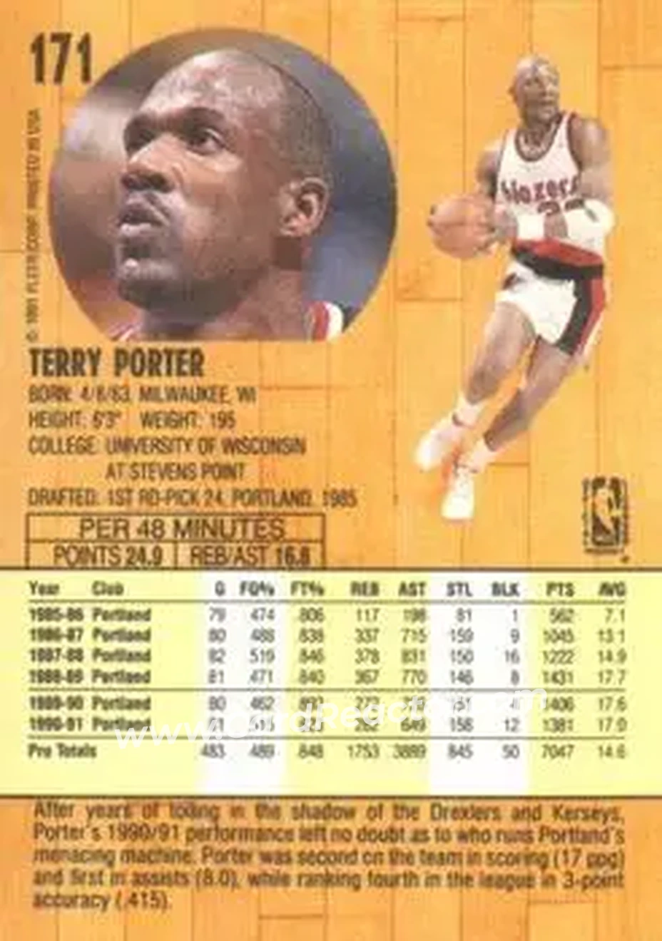 1991-92 Fleer #171 - Terry Porter - Portland Trail Blazers - Back