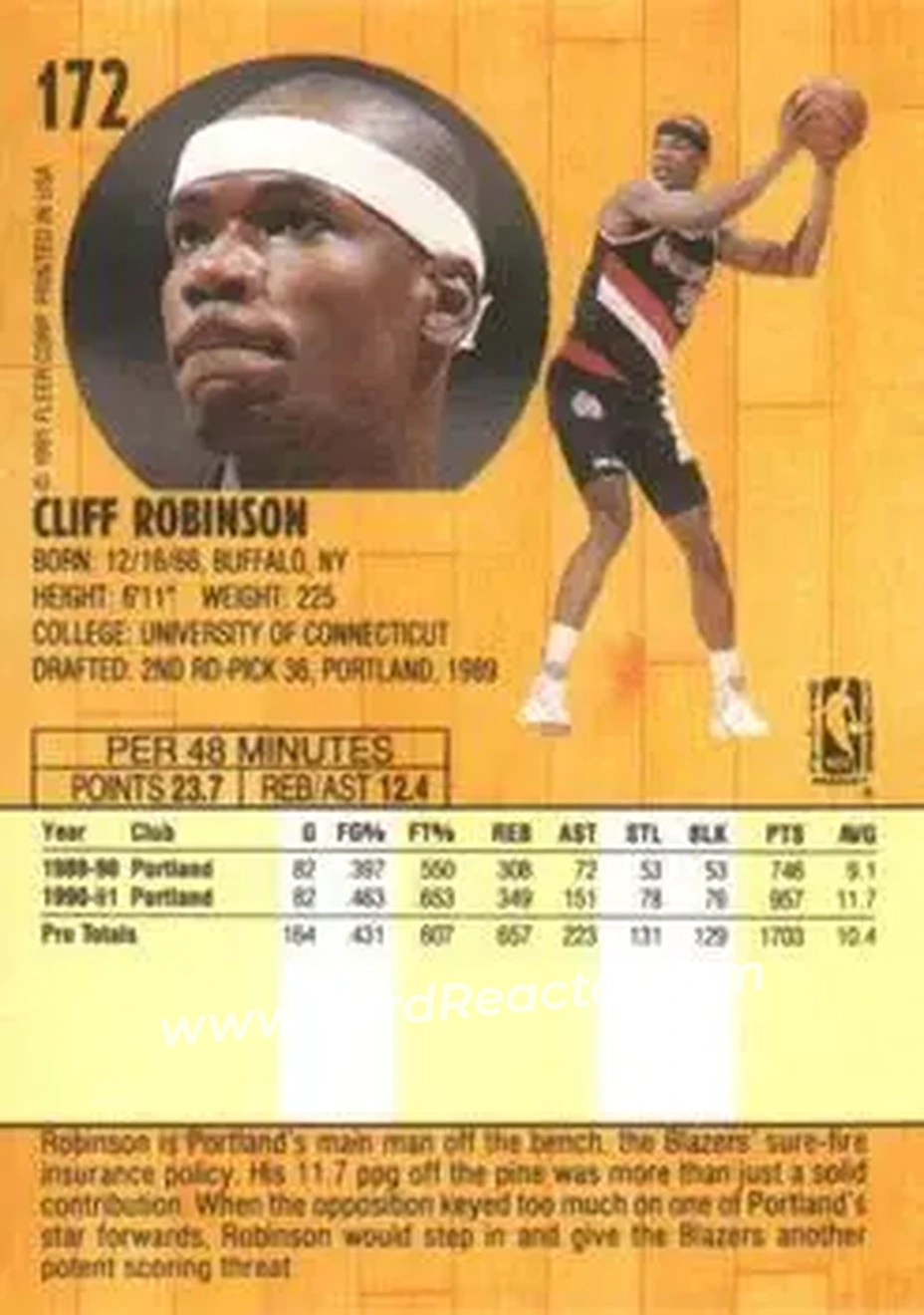 1991-92 Fleer #172 - Clifford Robinson - Portland Trail Blazers - Back