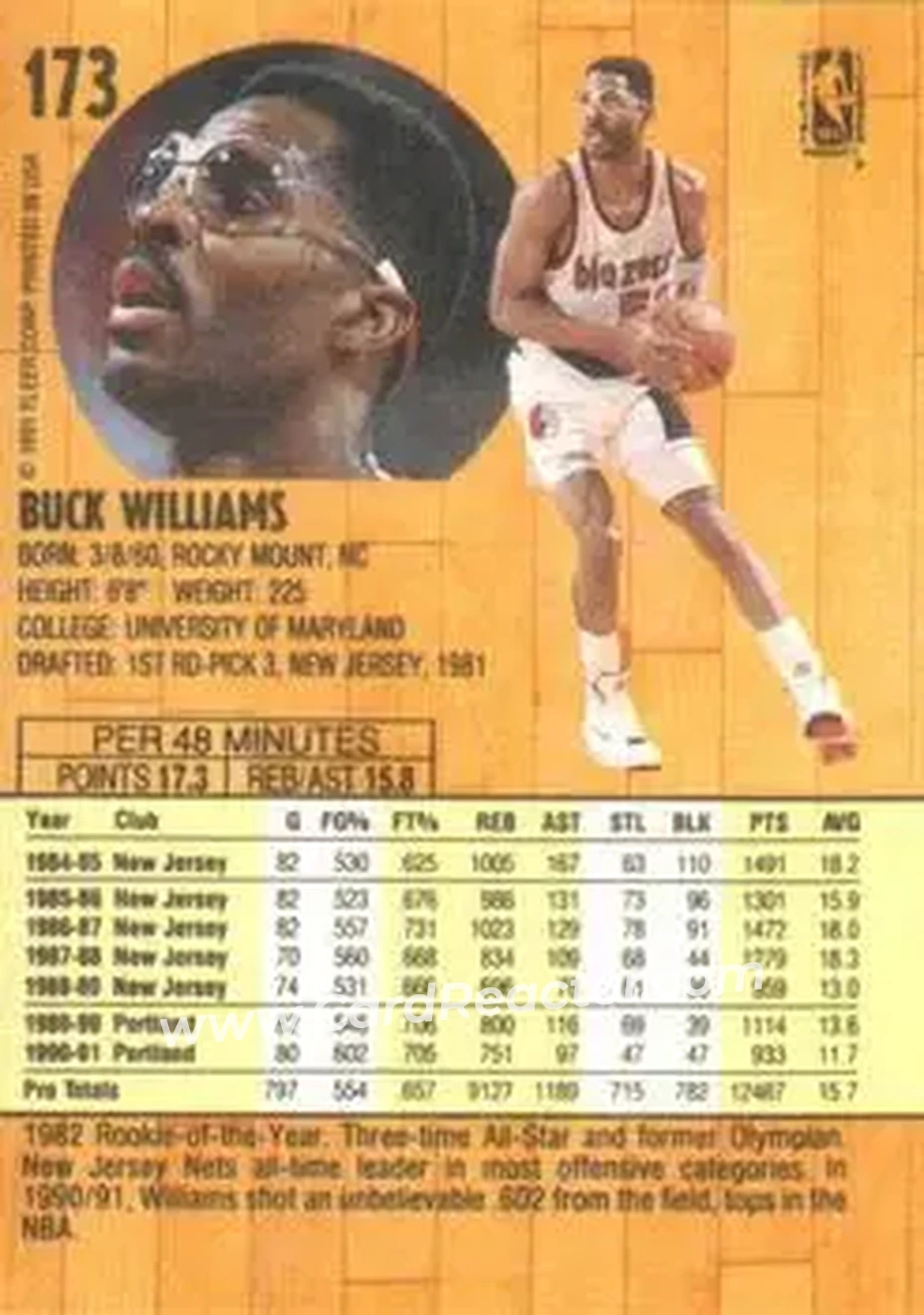 1991-92 Fleer #173 - Buck Williams - Portland Trail Blazers - Back