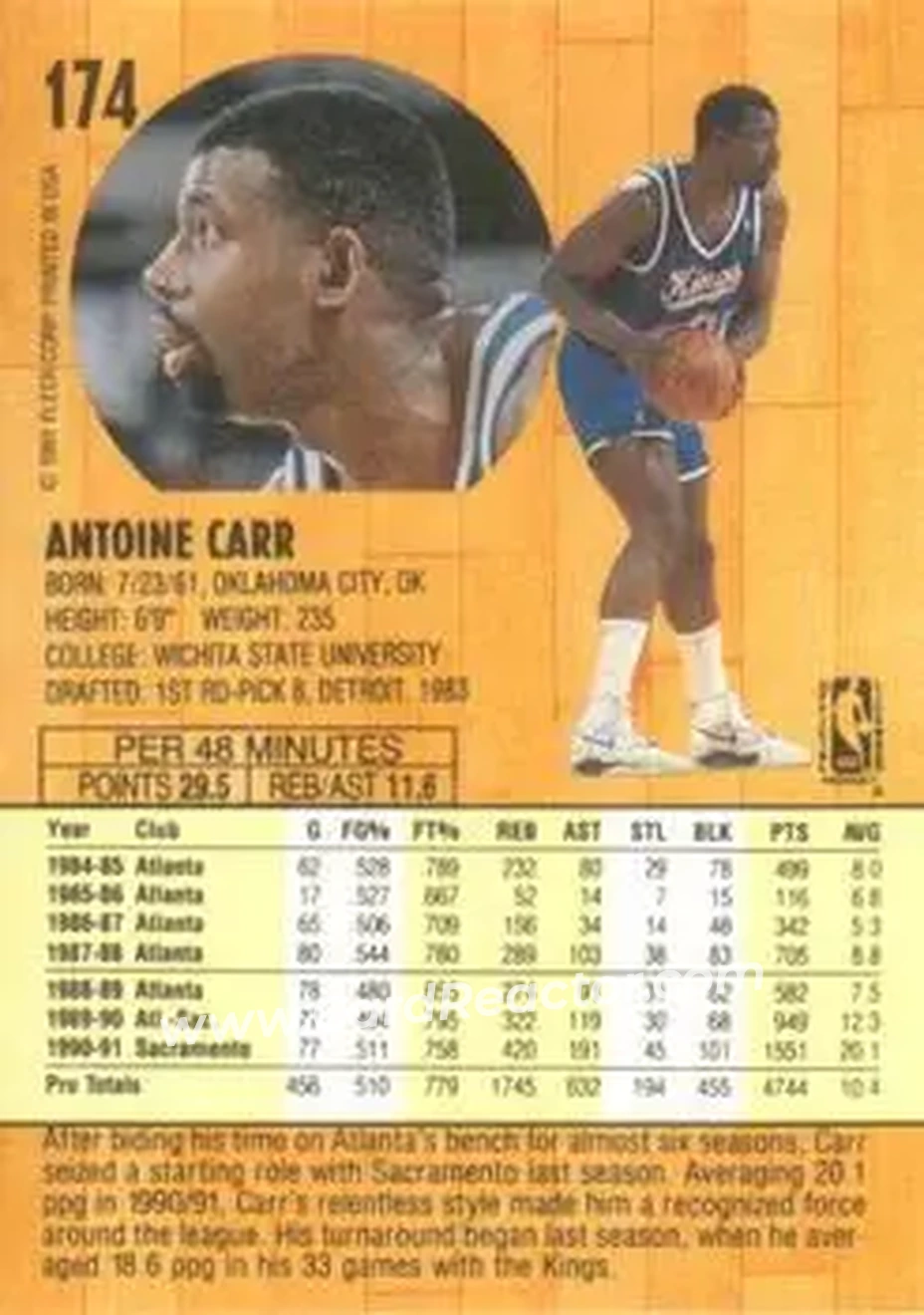 1991-92 Fleer #174 - Antoine Carr - Sacramento Kings - Back