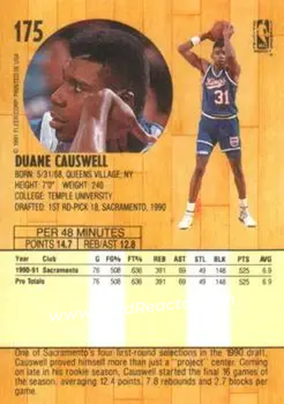 1991-92 Fleer #175 - Duane Causwell - Sacramento Kings - Back