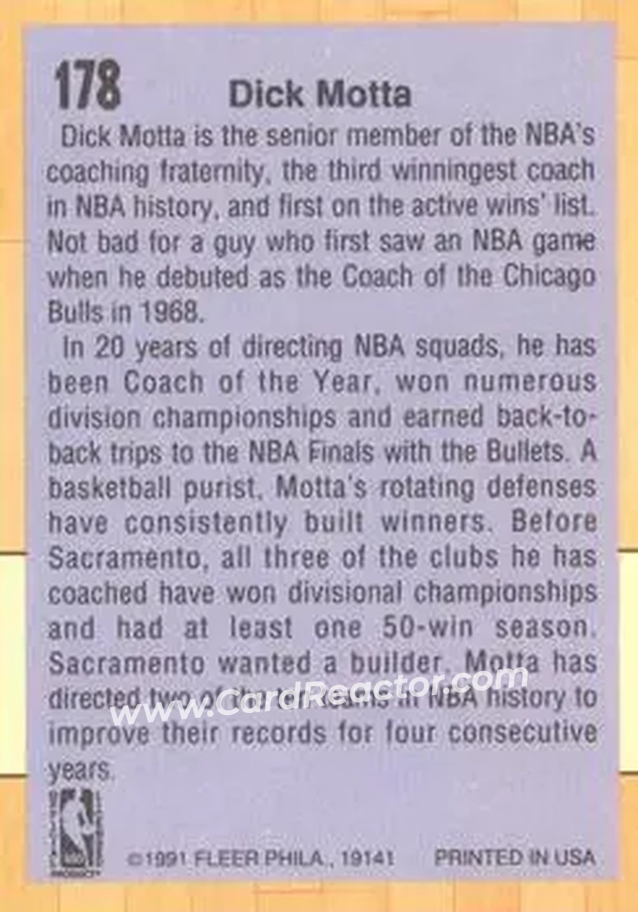 1991-92 Fleer #178 - Dick Motta - Sacramento Kings - Back
