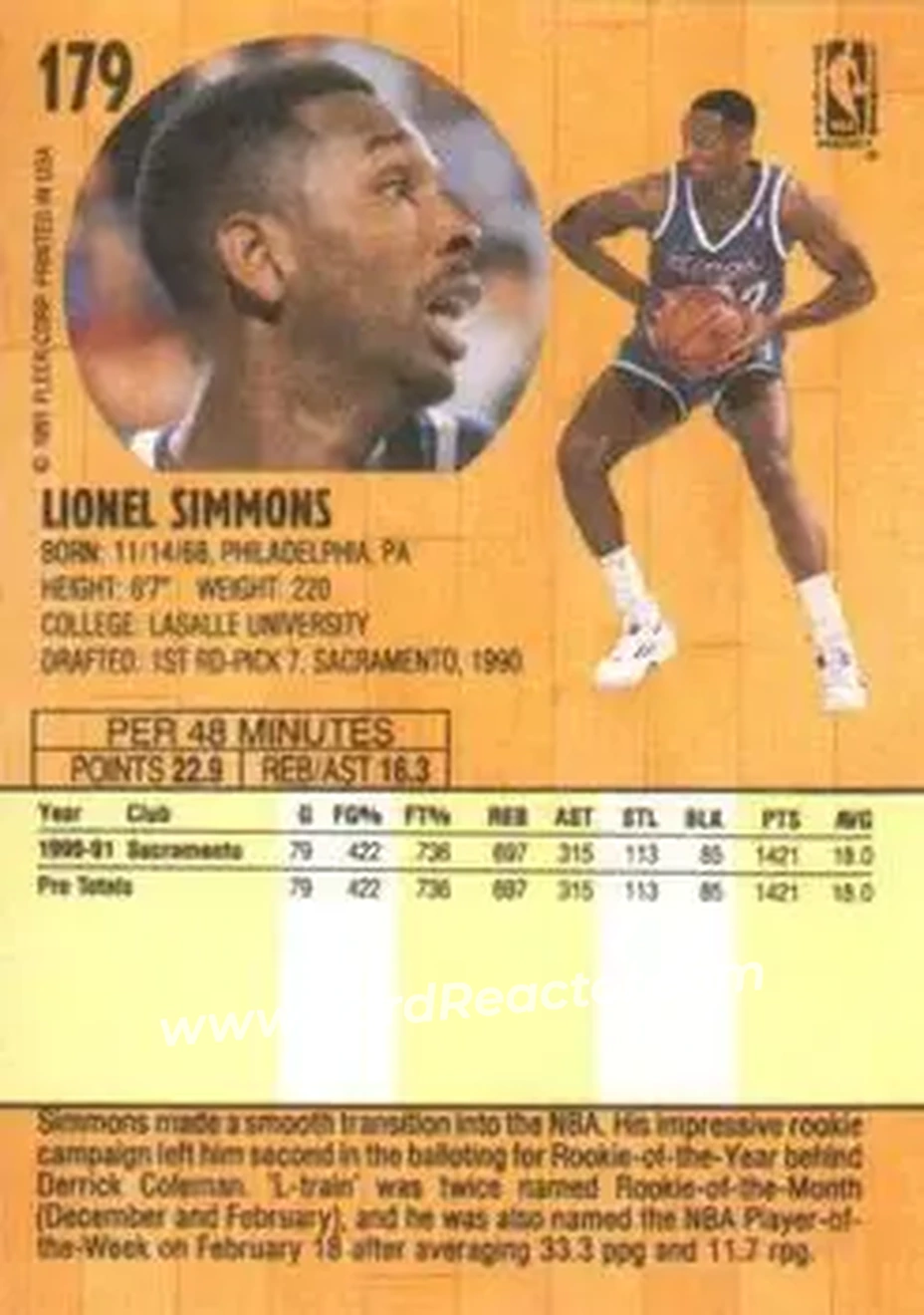 1991-92 Fleer #179 - Lionel Simmons - Sacramento Kings - Back 1991-92 Fleer #179 - Lionel Simmons - Sacramento Kings - Back