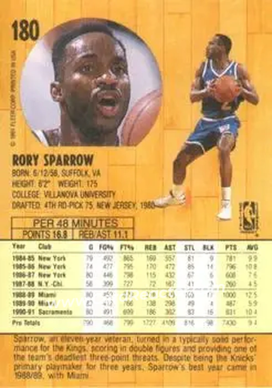 1991-92 Fleer #180 - Rory Sparrow - Sacramento Kings - Back