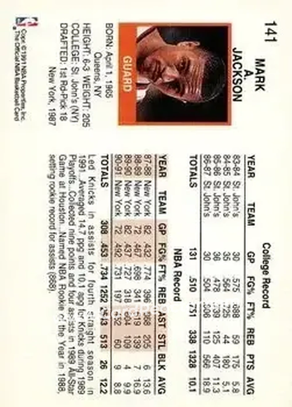 1991-92 Hoops #141 - Mark Jackson - New York Knicks - Back