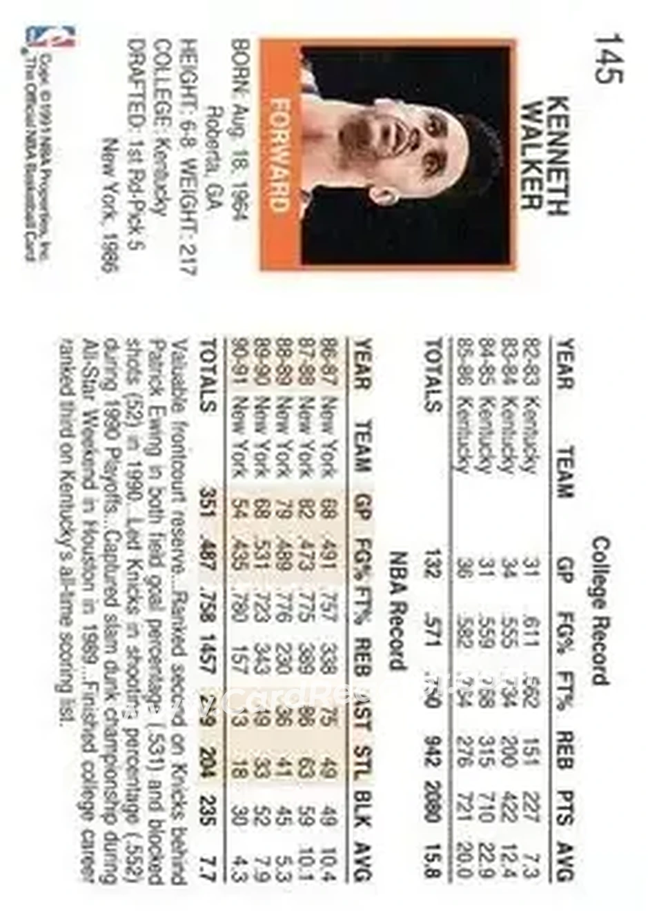 1991-92 Hoops #145 - Kenny Walker - New York Knicks - Back