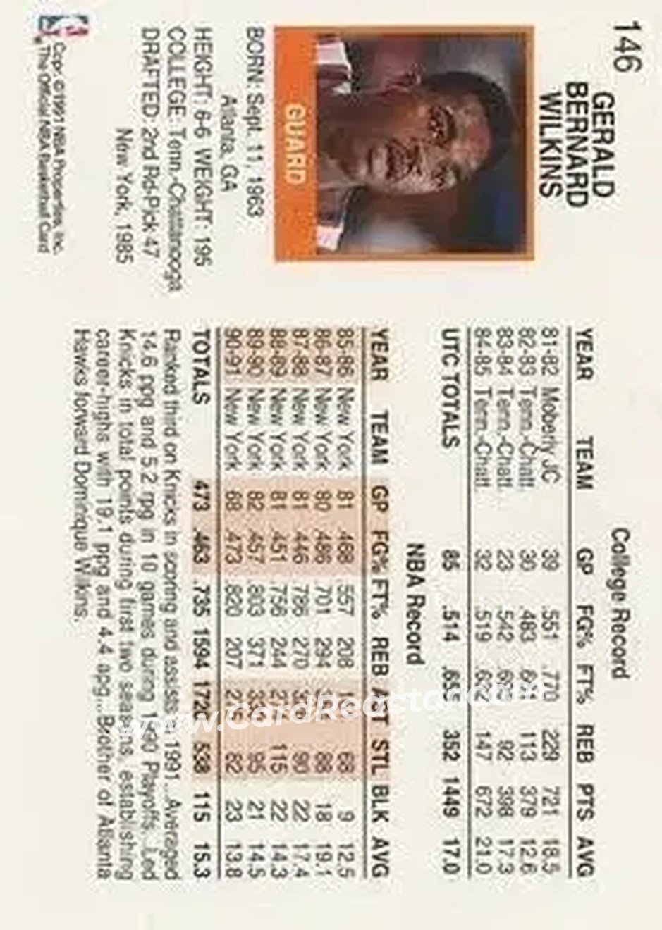 1991-92 Hoops #146 - Gerald Wilkins - New York Knicks - Back 1991-92 Hoops #146 - Gerald Wilkins - New York Knicks - Back