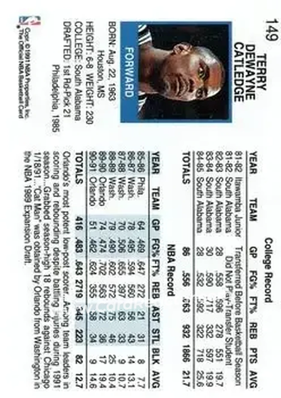 1991-92 Hoops #149 - Terry Catledge - Orlando Magic - Back