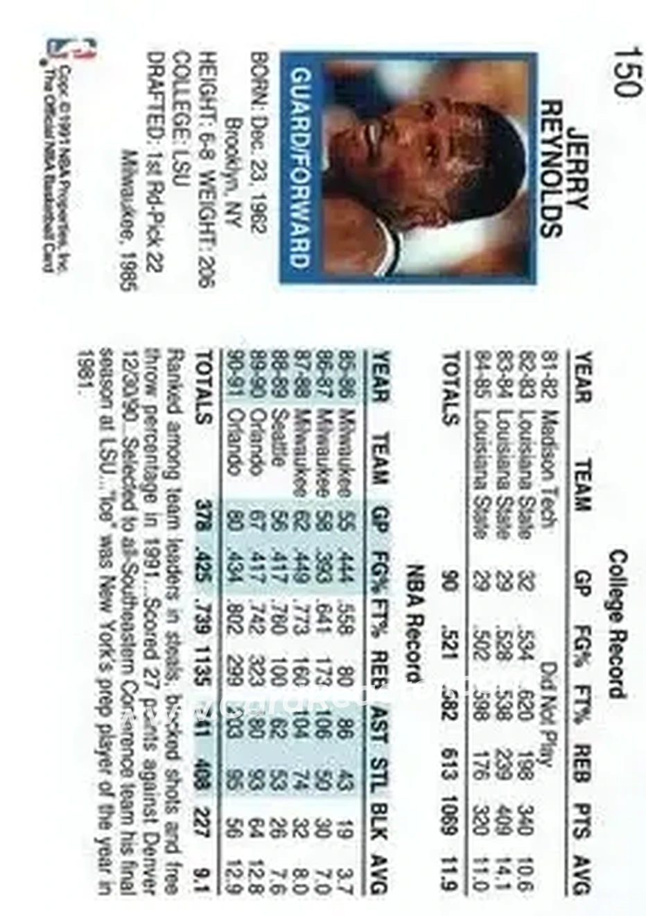 1991-92 Hoops #150 - Jerry Reynolds - Orlando Magic - Back