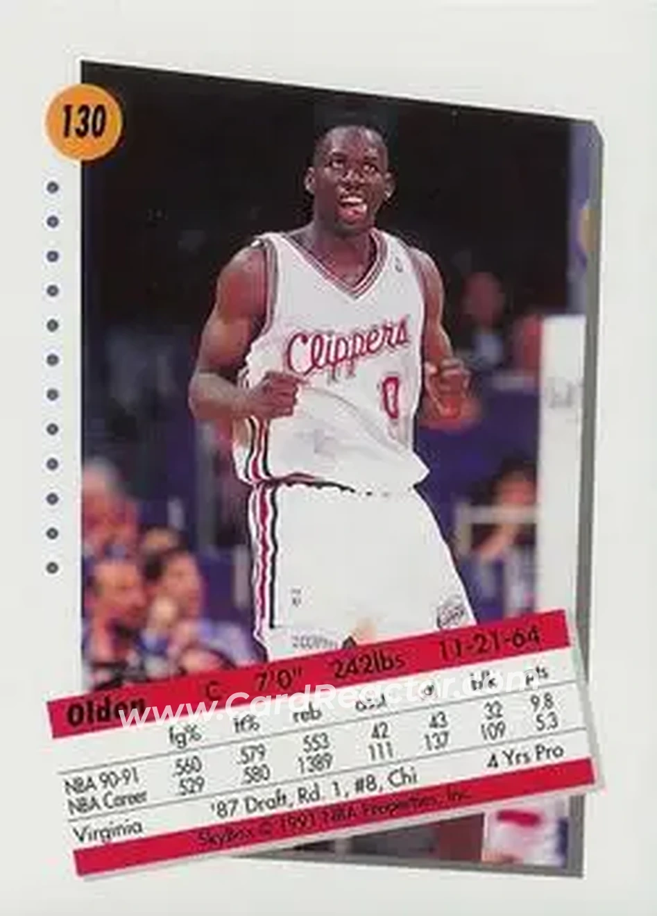 1991-92 SkyBox #130 - Olden Polynice - Los Angeles Clippers - Back