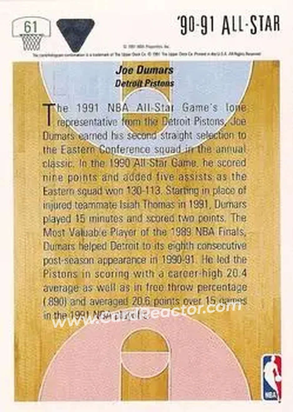 1991-92 Upper Deck #61 - Joe Dumars - Detroit Pistons - Back