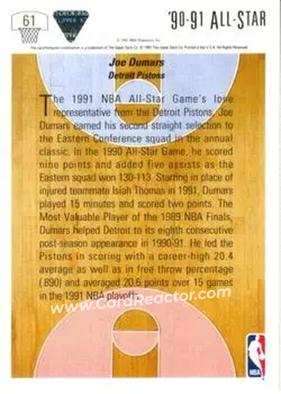 1991-92 Upper Deck #61 - Joe Dumars - Detroit Pistons - Back