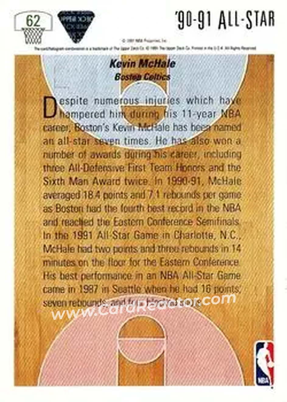 1991-92 Upper Deck #62 - Kevin McHale - Boston Celtics - Back