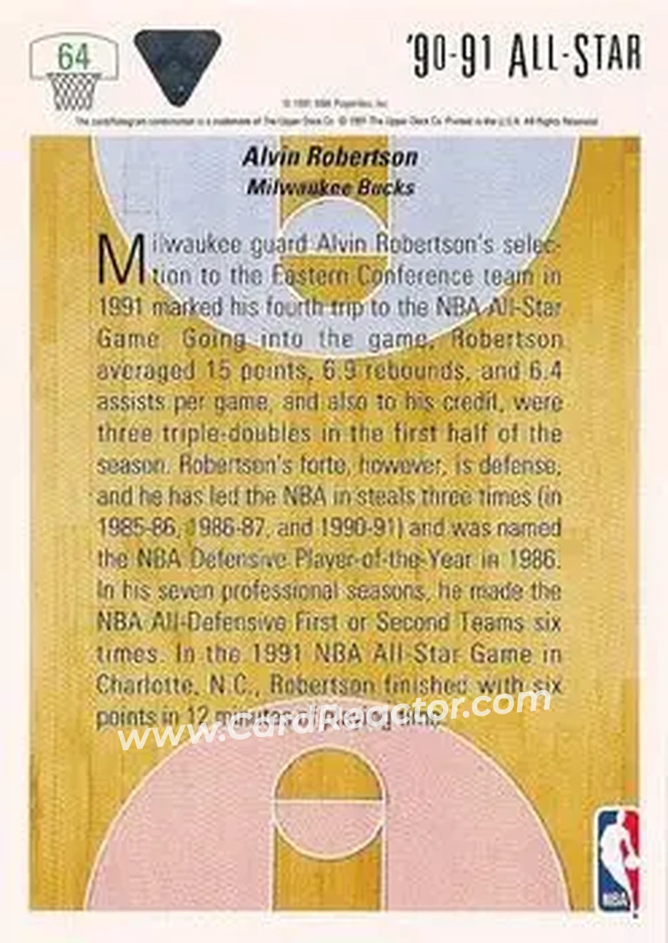 1991-92 Upper Deck #64 - Alvin Robertson - Milwaukee Bucks - Back