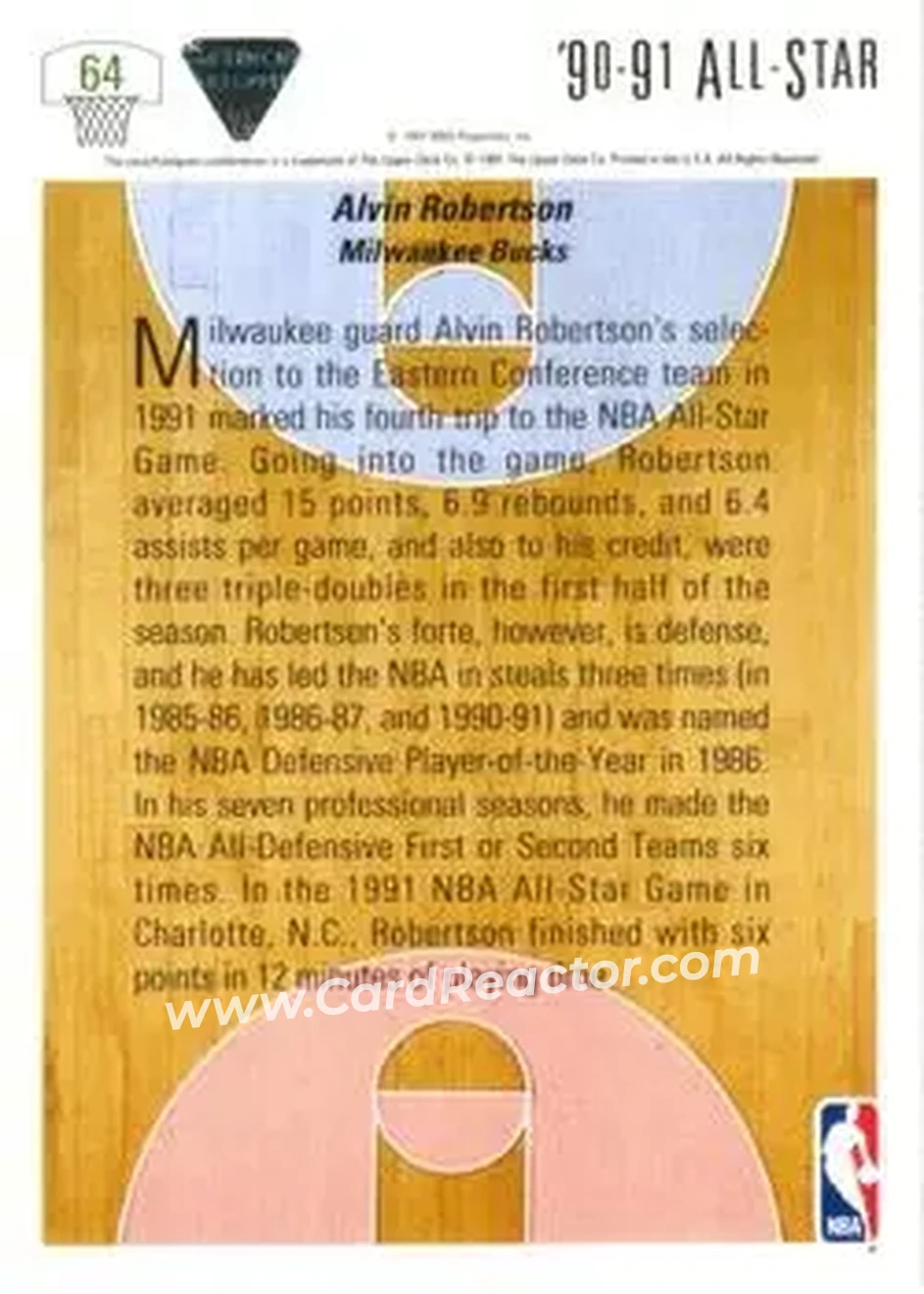 1991-92 Upper Deck #64 - Alvin Robertson - Milwaukee Bucks - Back
