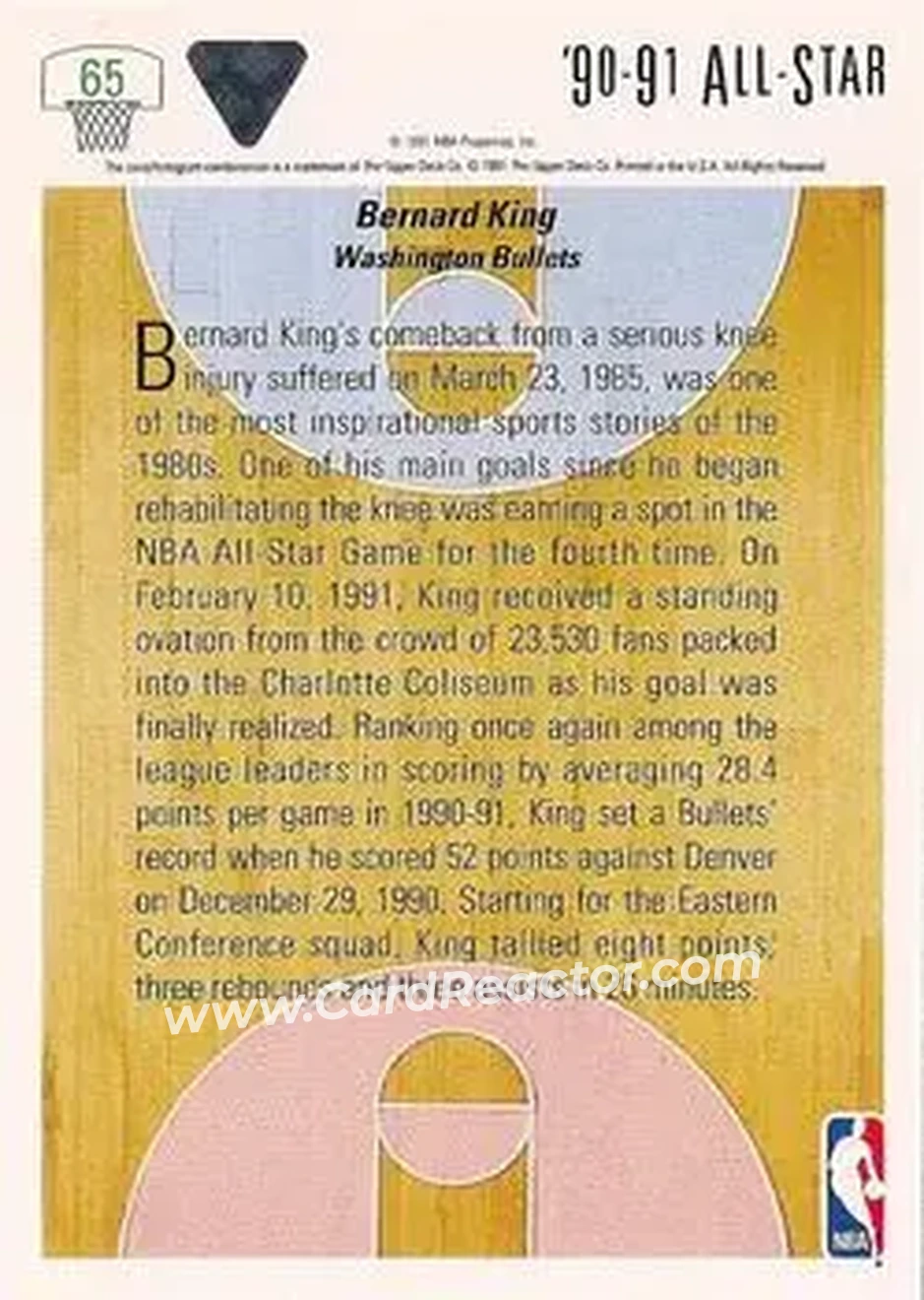 1991-92 Upper Deck #65 - Bernard King - Washington Bullets - Back