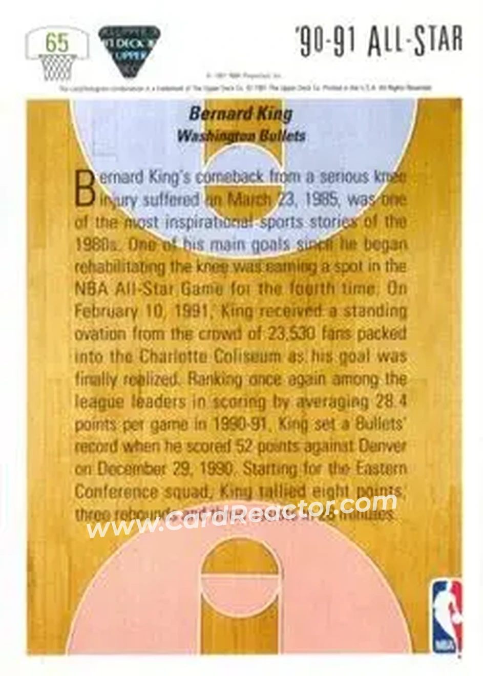 1991-92 Upper Deck #65 - Bernard King - Washington Bullets - Back