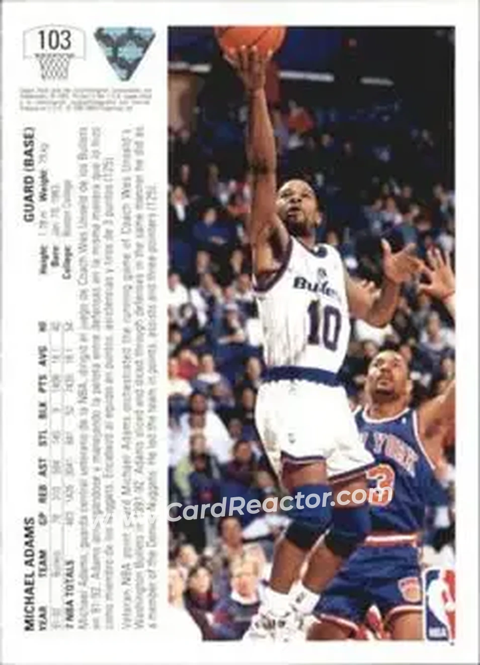 1991-92 Upper Deck Spanish #103 - Michael Adams - Washington Bullets - Back