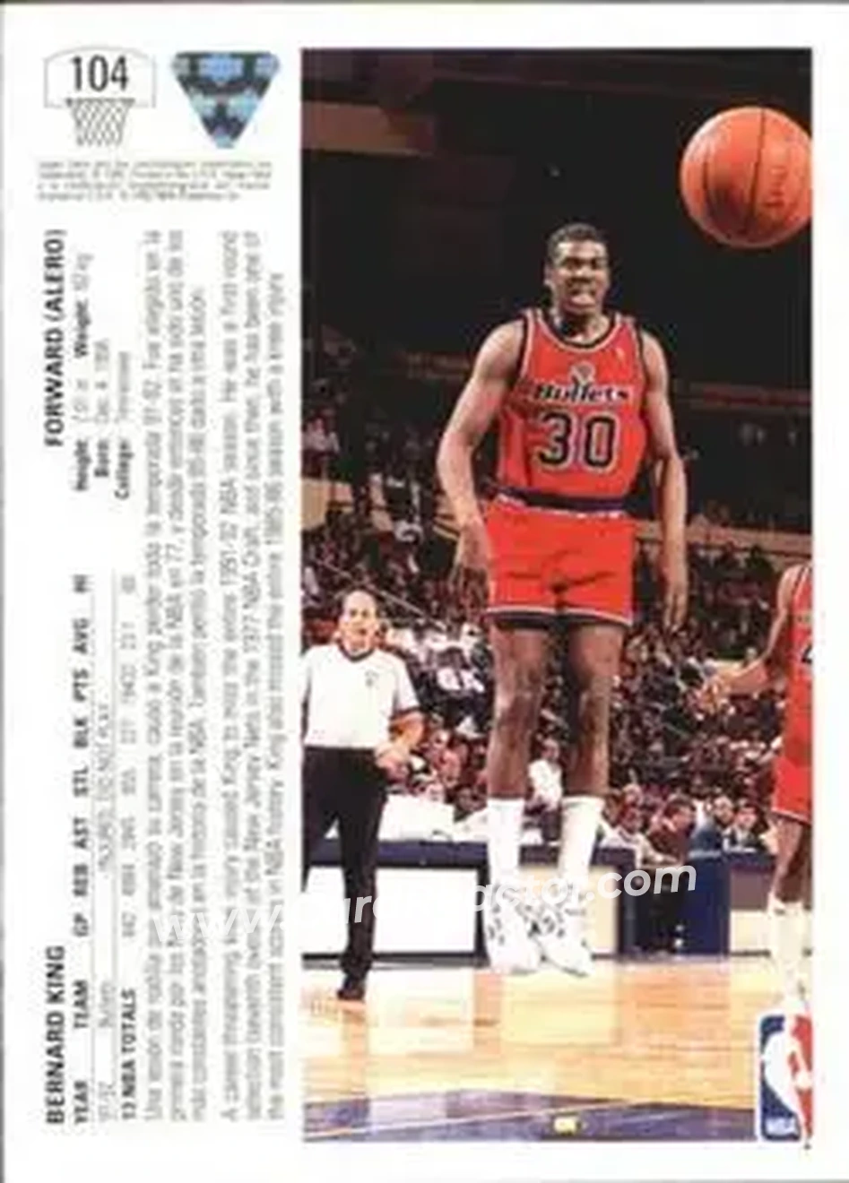 1991-92 Upper Deck Spanish #104 - Bernard King - Washington Bullets - Back