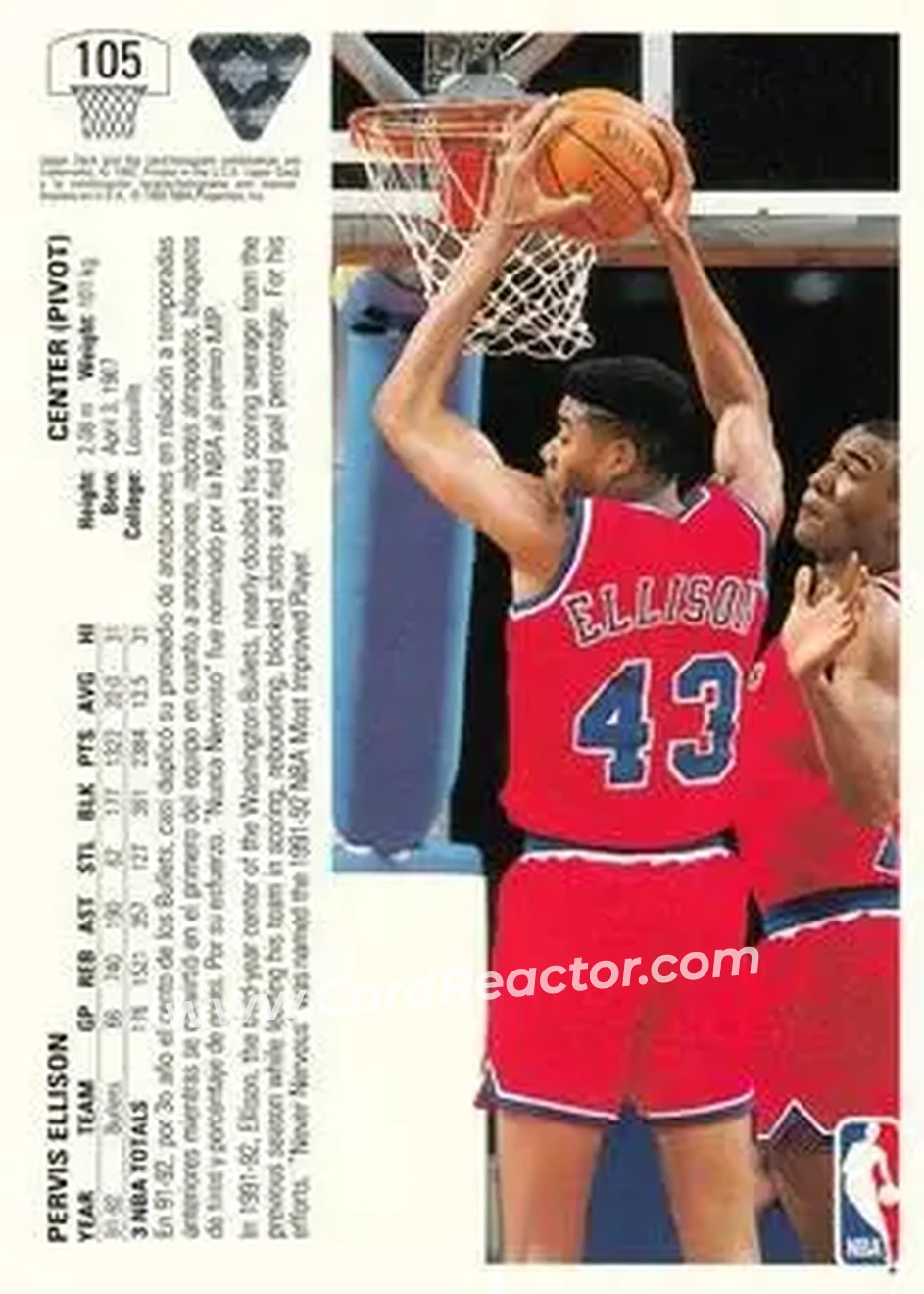 1991-92 Upper Deck Spanish #105 - Pervis Ellison - Washington Bullets - Back