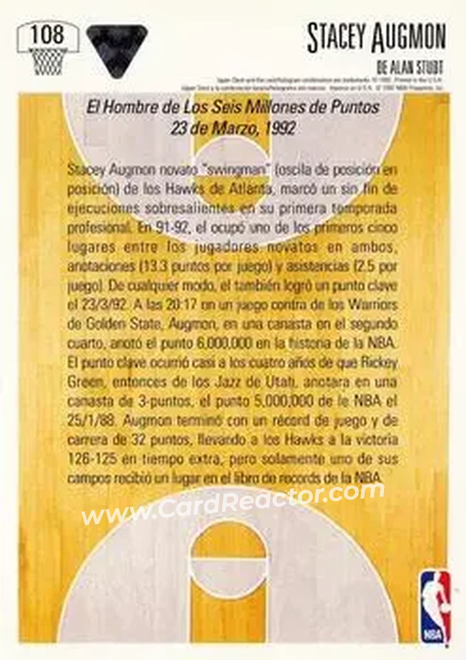 1991-92 Upper Deck Spanish #108 - Stacey Augmon - Atlanta Hawks - Back