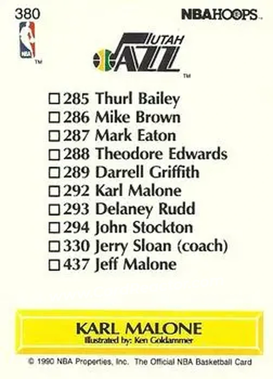 1990-91 Hoops #380 - Karl Malone - Utah Jazz - Back
