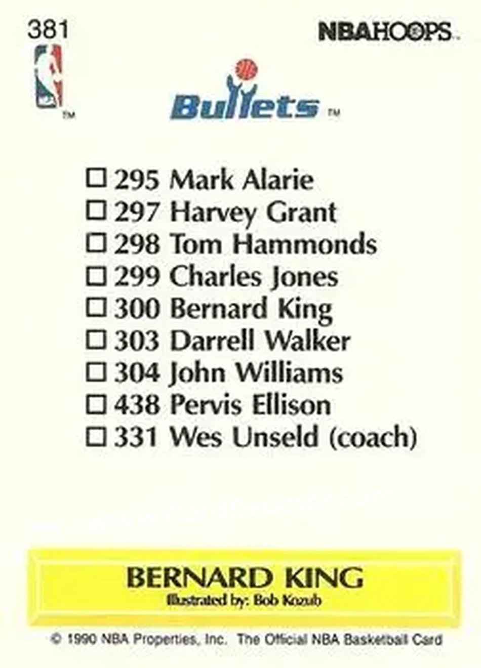 1990-91 Hoops #381 - Bernard King - Washington Bullets - Back