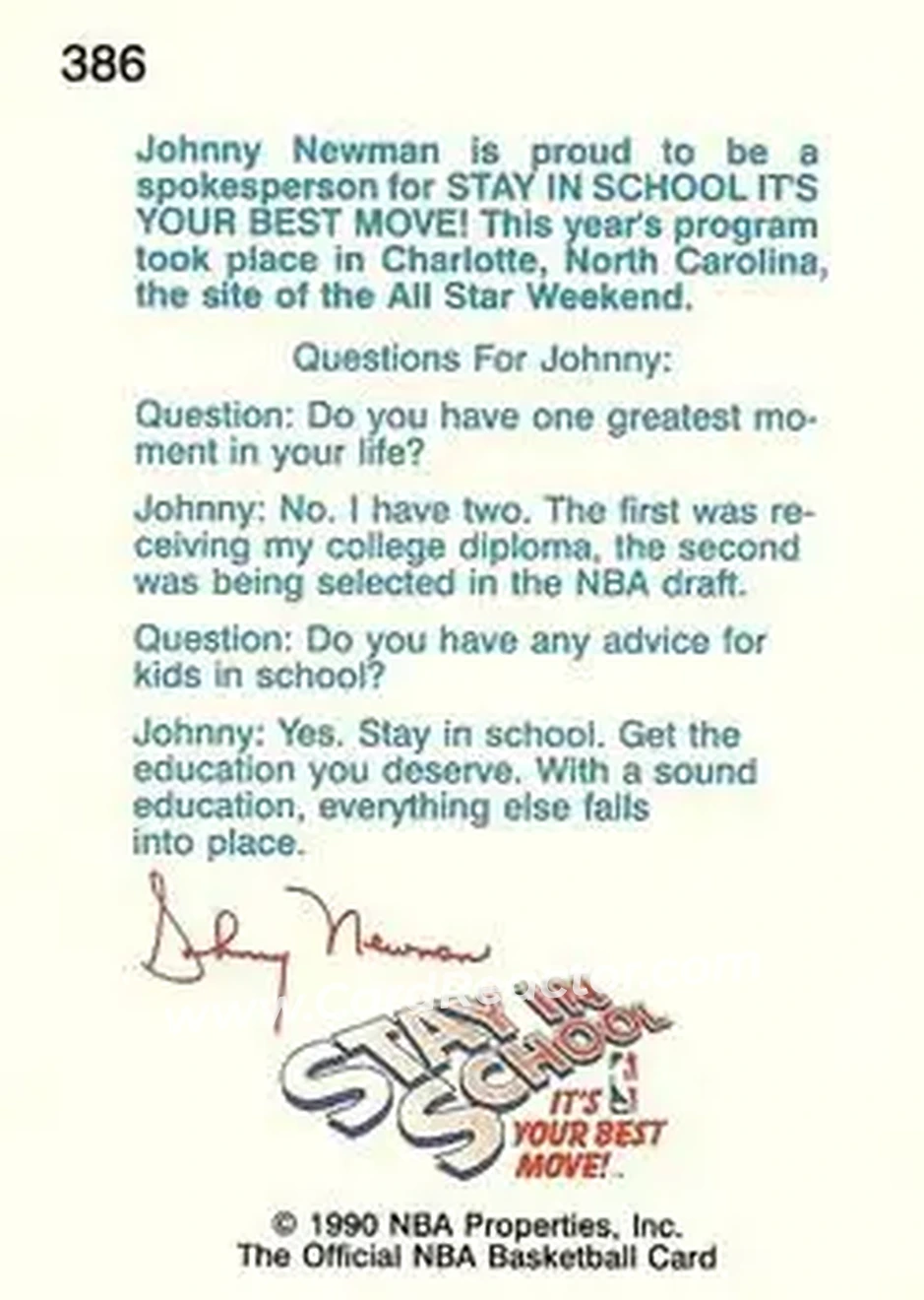 1990-91 Hoops #386 - Johnny Newman - Charlotte Hornets - Back