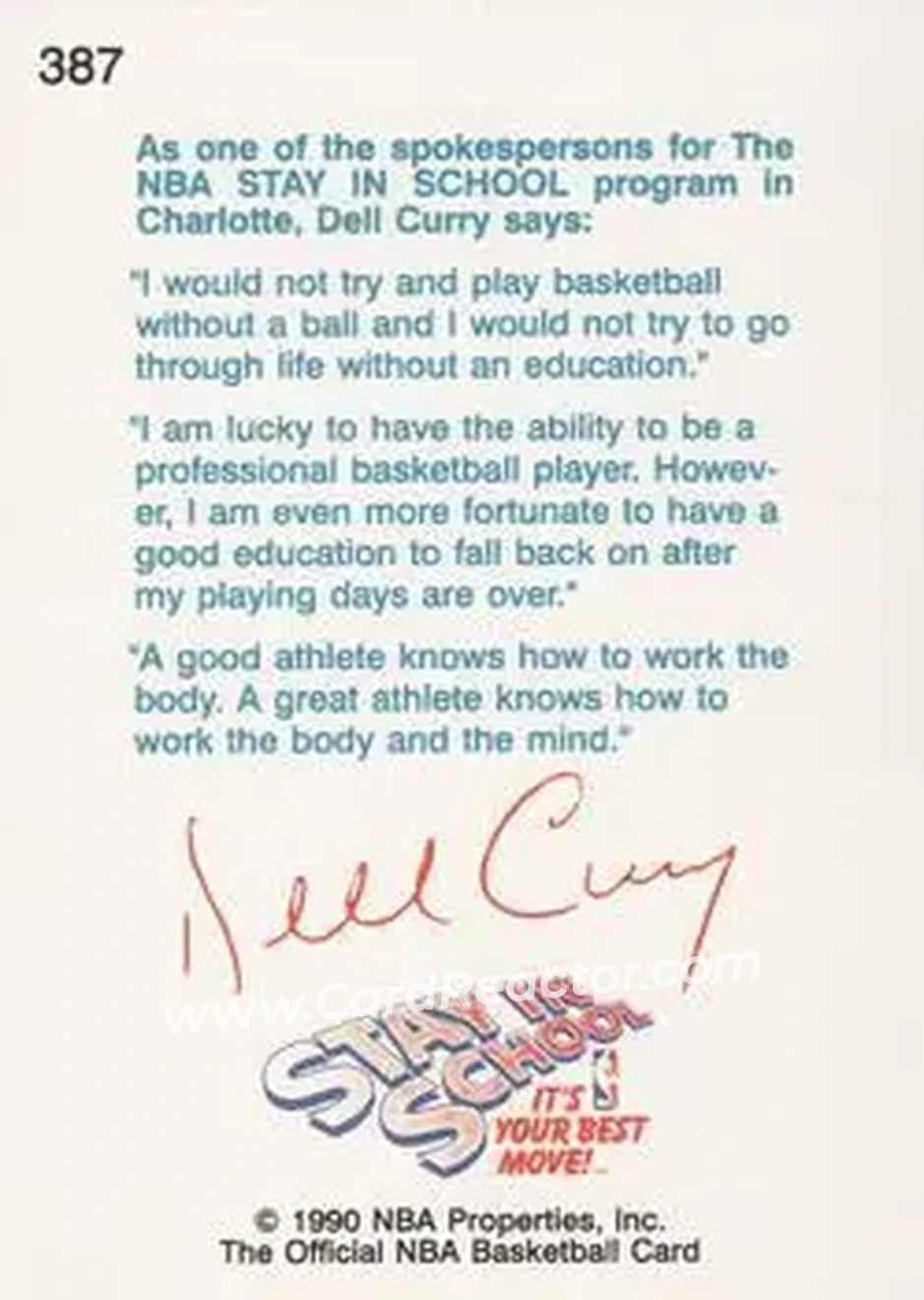 1990-91 Hoops #387 - Dell Curry - Charlotte Hornets - Back