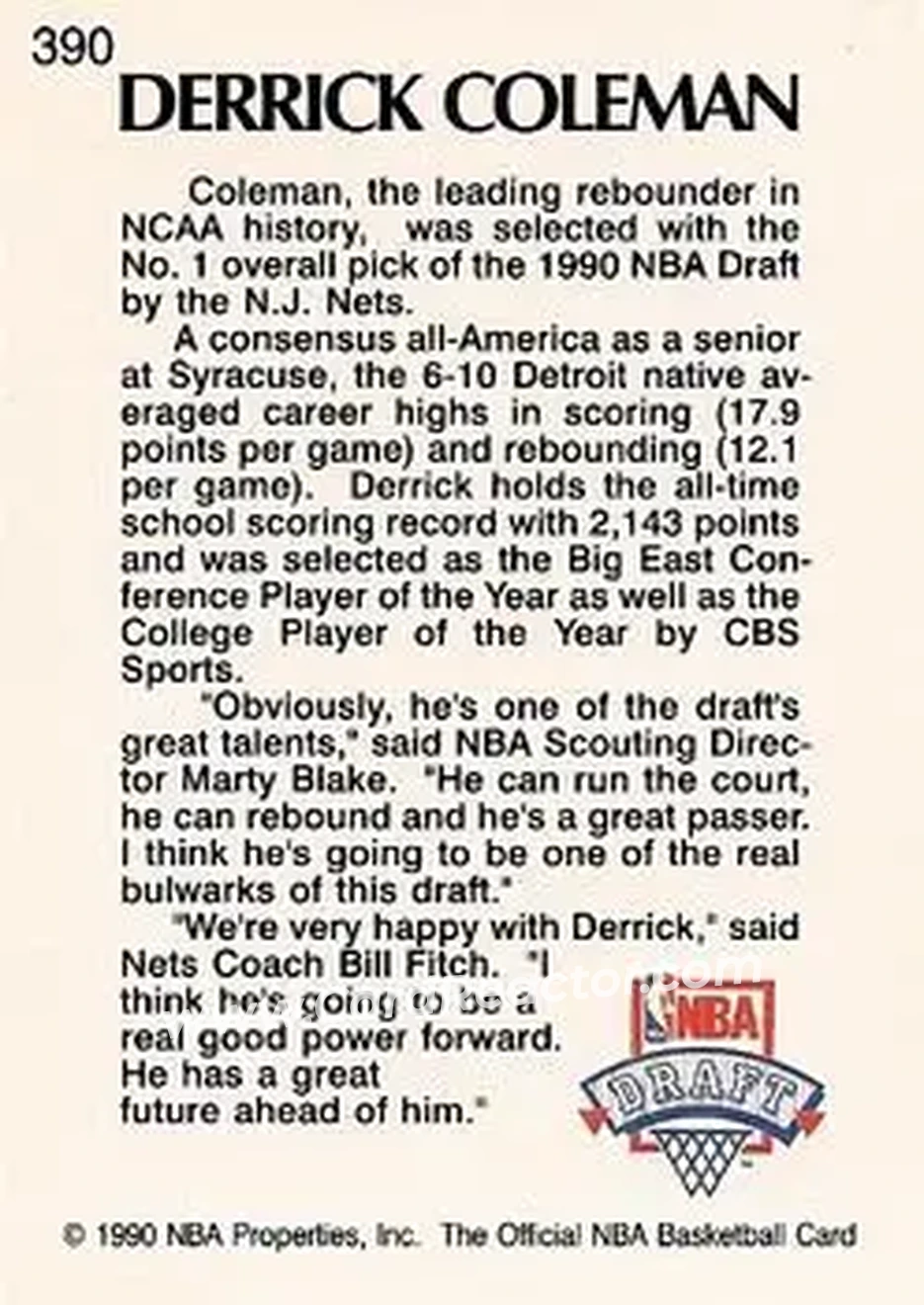 1990-91 Hoops #390 - Derrick Coleman - New Jersey Nets - Back