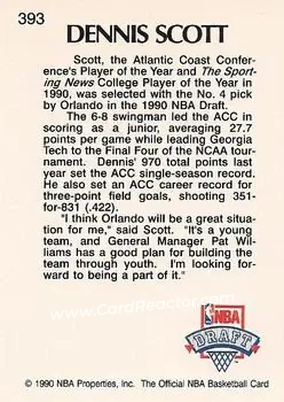 1990-91 Hoops #393 - Dennis Scott - Orlando Magic - Back