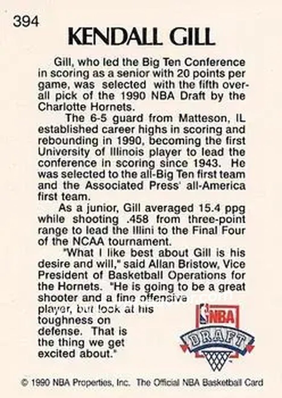 1990-91 Hoops #394 - Kendall Gill - Charlotte Hornets - Back