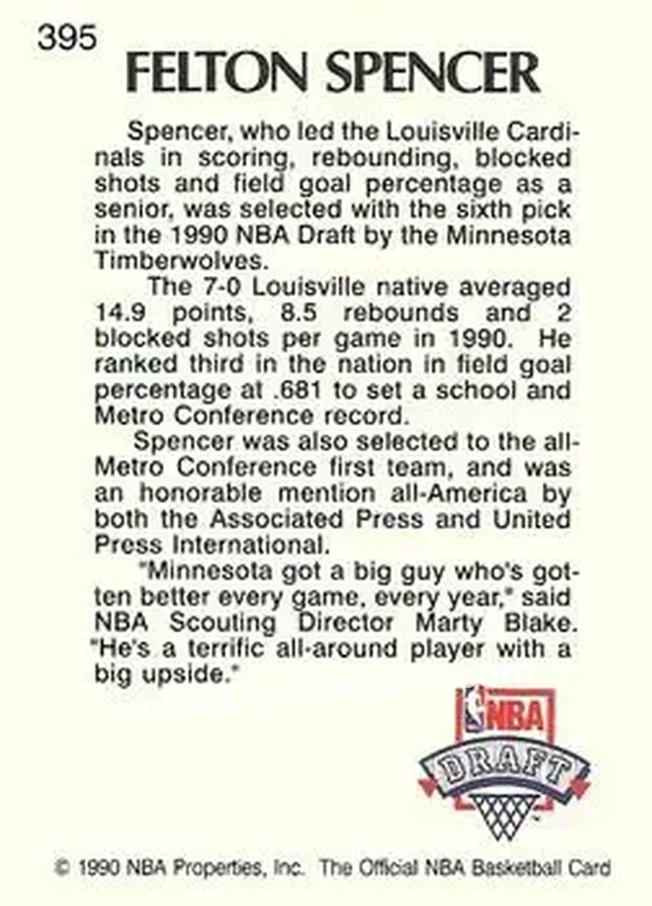 1990-91 Hoops #395 - Felton Spencer - Minnesota Timberwolves - Back 1990-91 Hoops #395 - Felton Spencer - Minnesota Timberwolves - Back