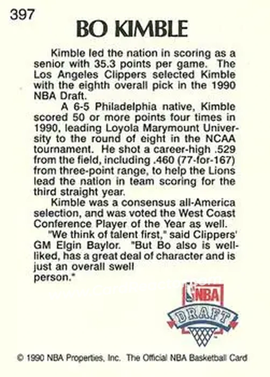 1990-91 Hoops #397 - Bo Kimble - Los Angeles Clippers - Back