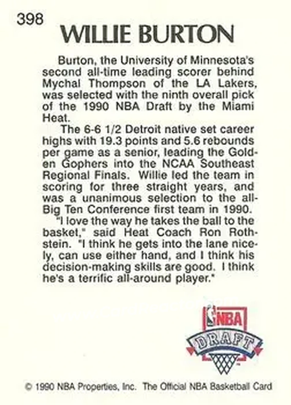 1990-91 Hoops #398 - Willie Burton - Miami Heat - Back