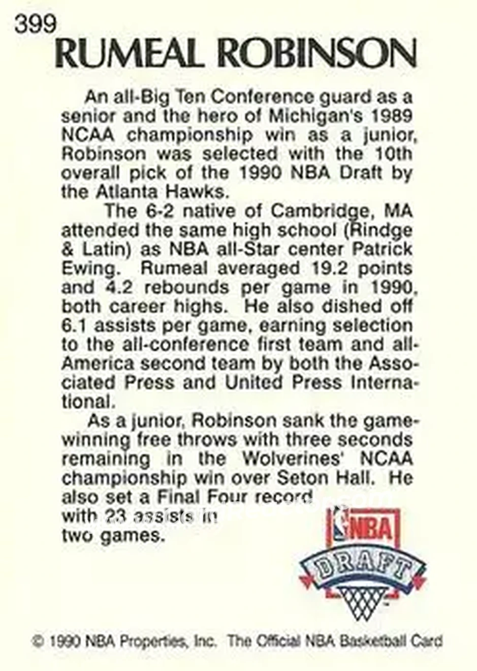 1990-91 Hoops #399 - Rumeal Robinson - Atlanta Hawks - Back