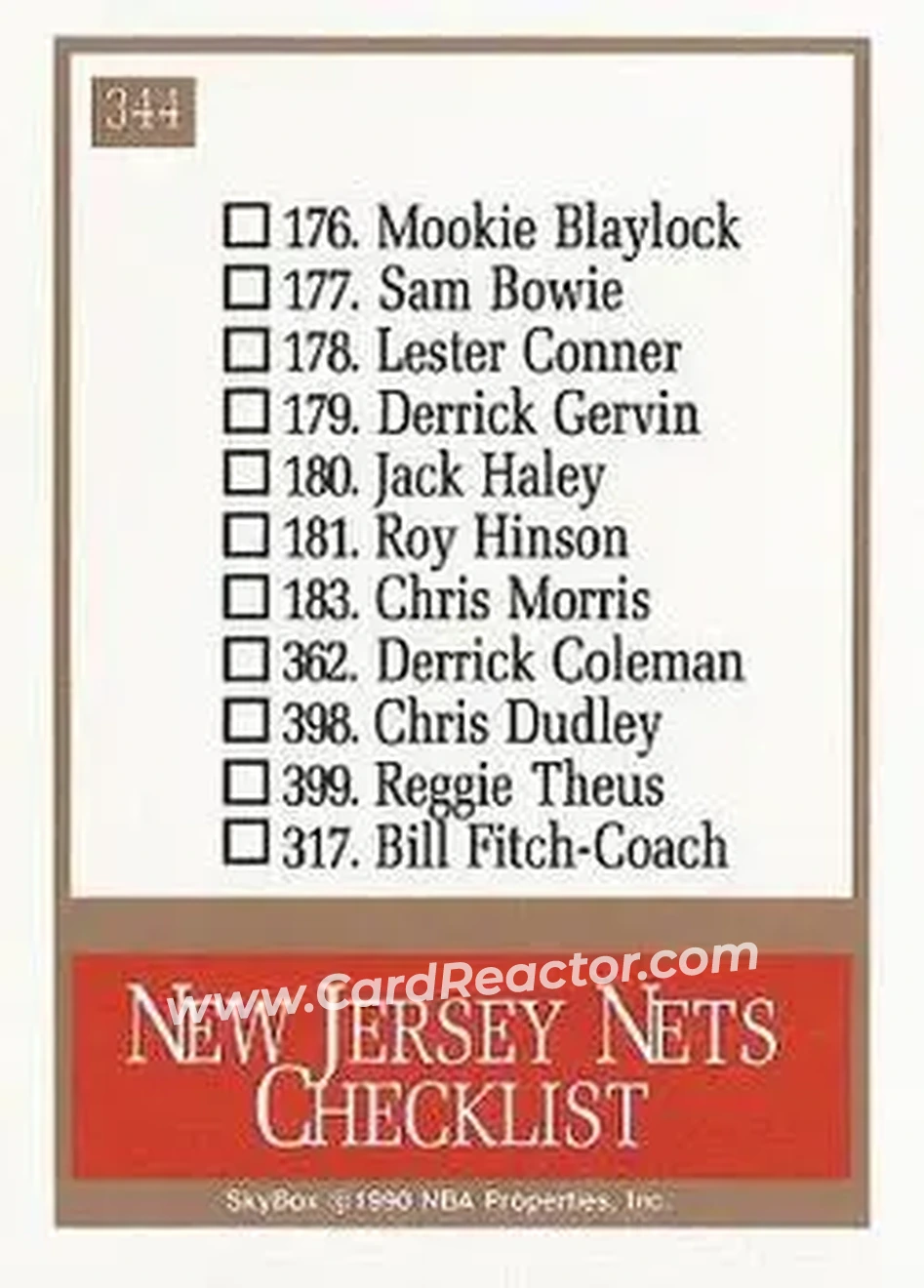 1990-91 SkyBox #344 - Card #344 - New Jersey Nets - Back