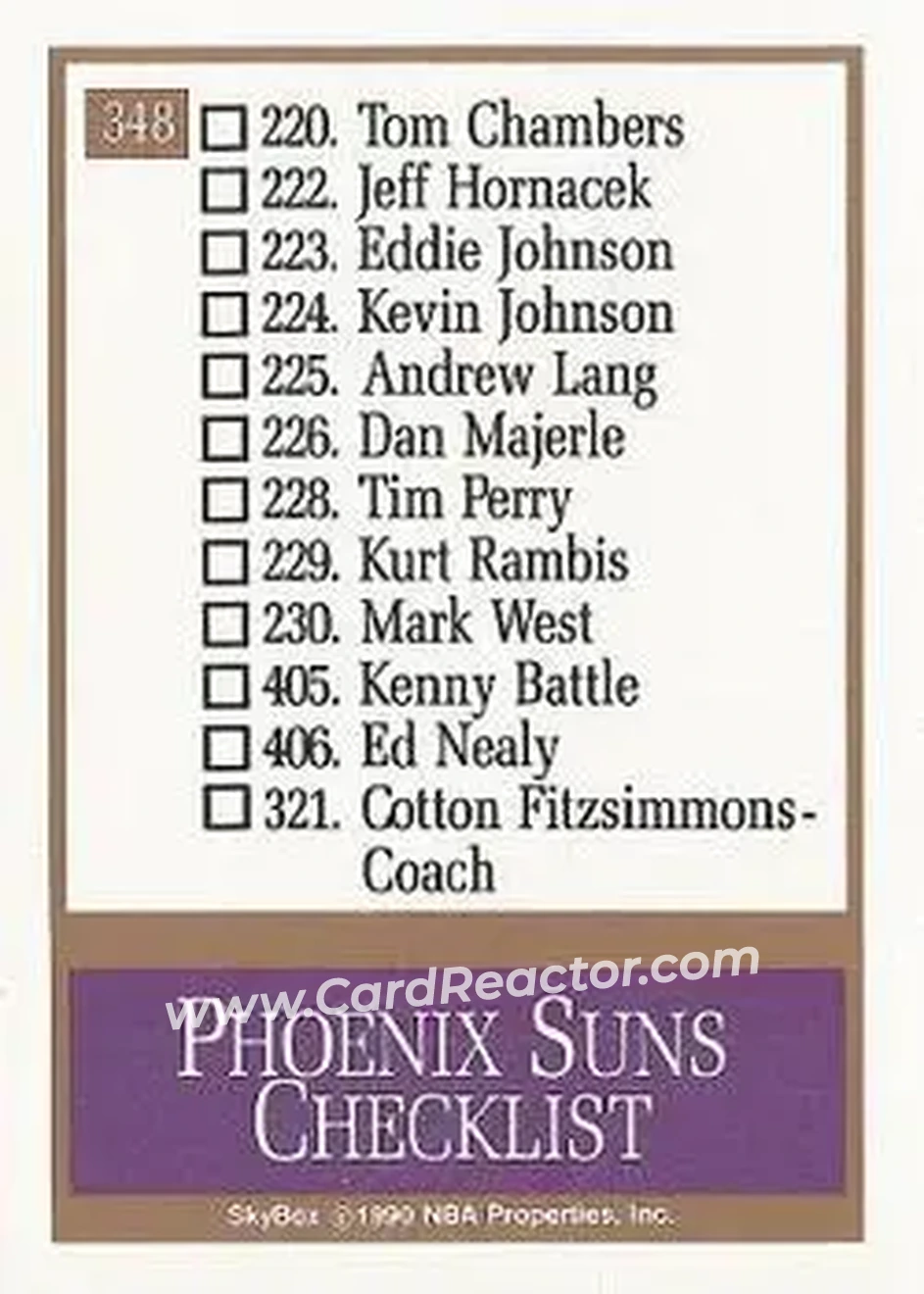 1990-91 SkyBox #348 - Card #348 - Phoenix Suns - Back