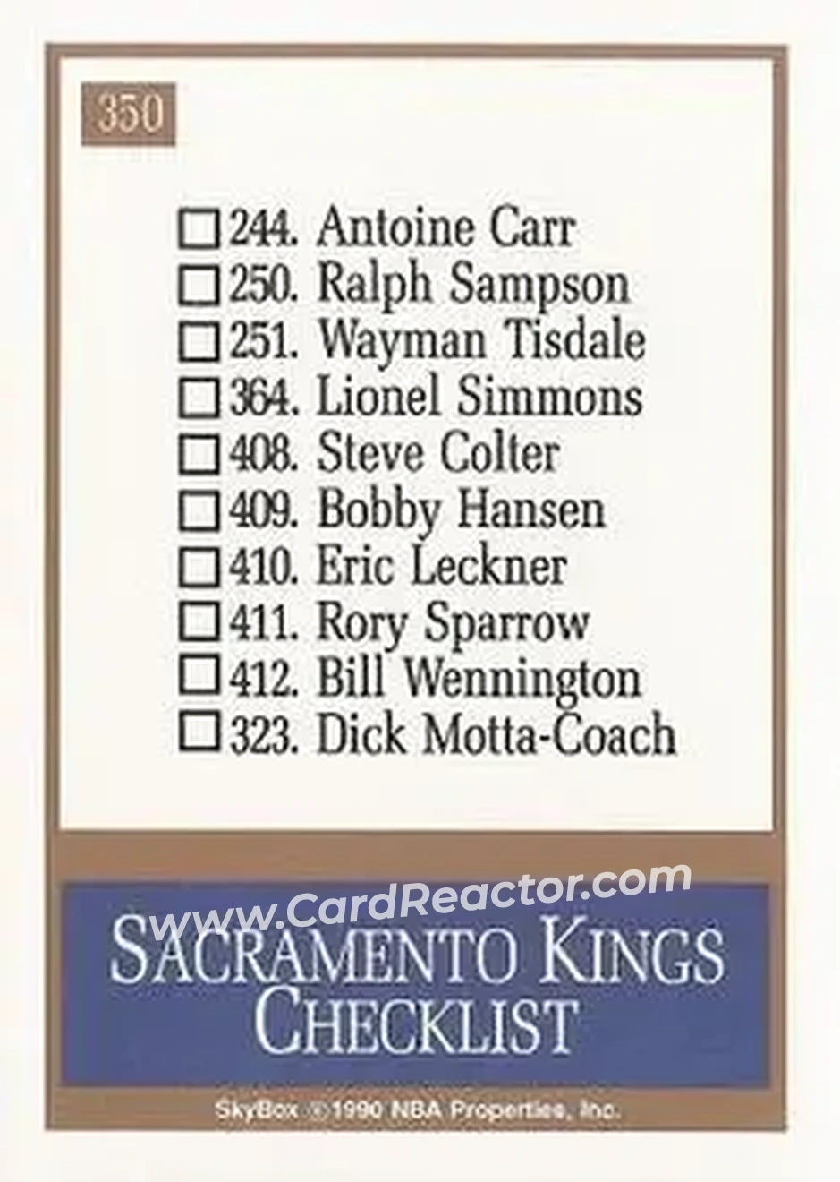1990-91 SkyBox #350 - Card #350 - Sacramento Kings - Back