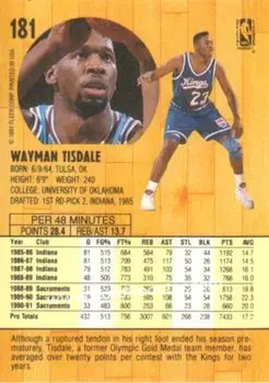 1991-92 Fleer #181 - Wayman Tisdale - Sacramento Kings - Back 1991-92 Fleer #181 - Wayman Tisdale - Sacramento Kings - Back