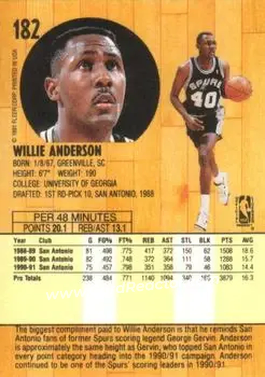 1991-92 Fleer #182 - Willie Anderson - San Antonio Spurs - Back