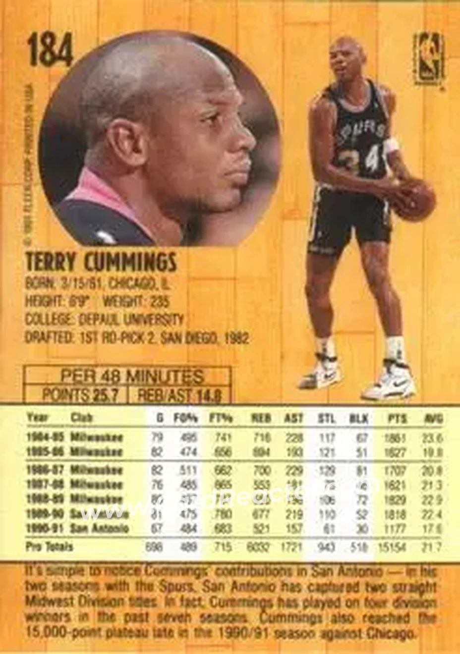 1991-92 Fleer #184 - Terry Cummings - San Antonio Spurs - Back