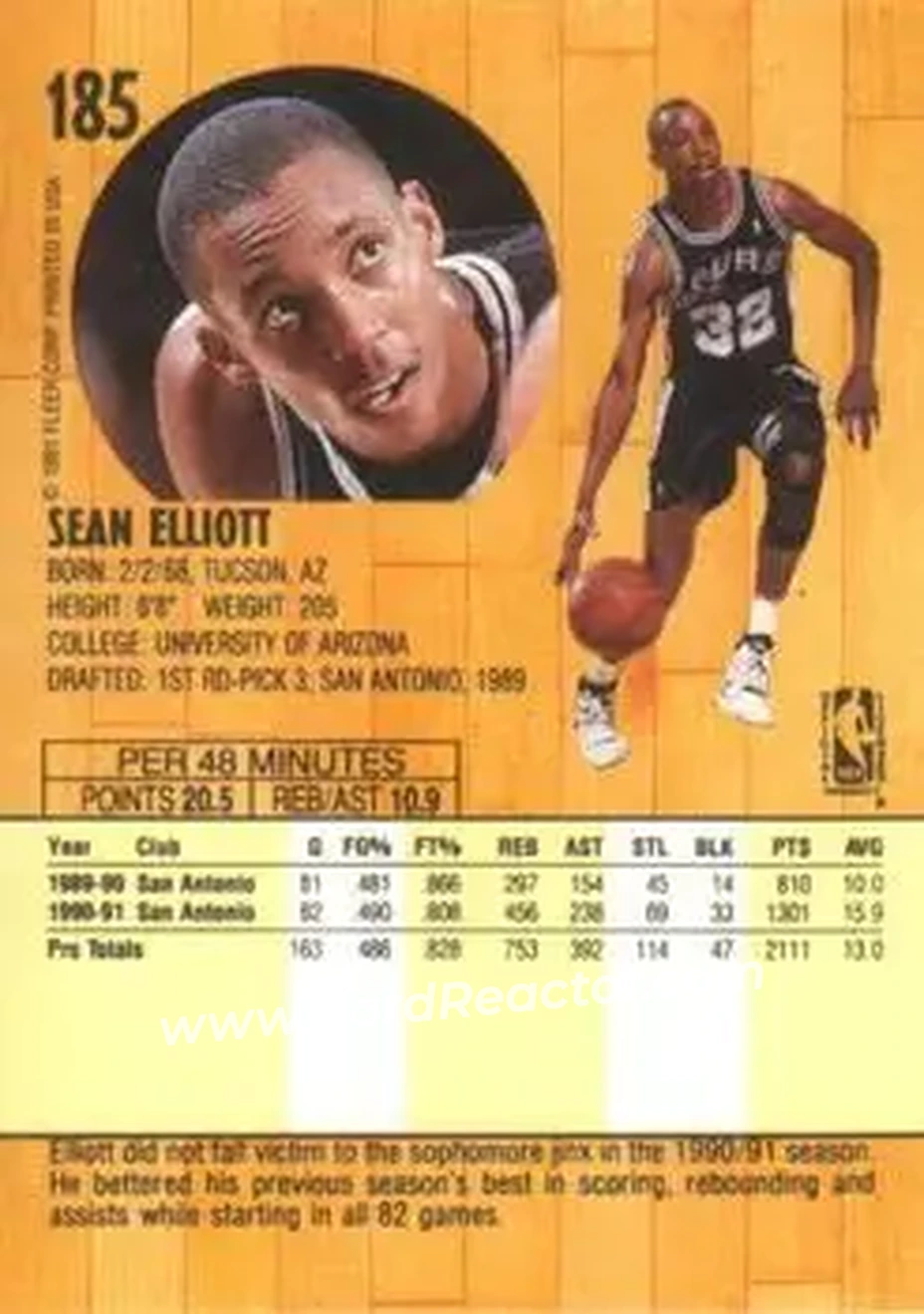 1991-92 Fleer #185 - Sean Elliott - San Antonio Spurs - Back