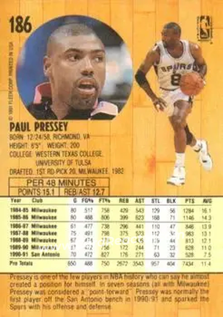 1991-92 Fleer #186 - Paul Pressey - San Antonio Spurs - Back 1991-92 Fleer #186 - Paul Pressey - San Antonio Spurs - Back
