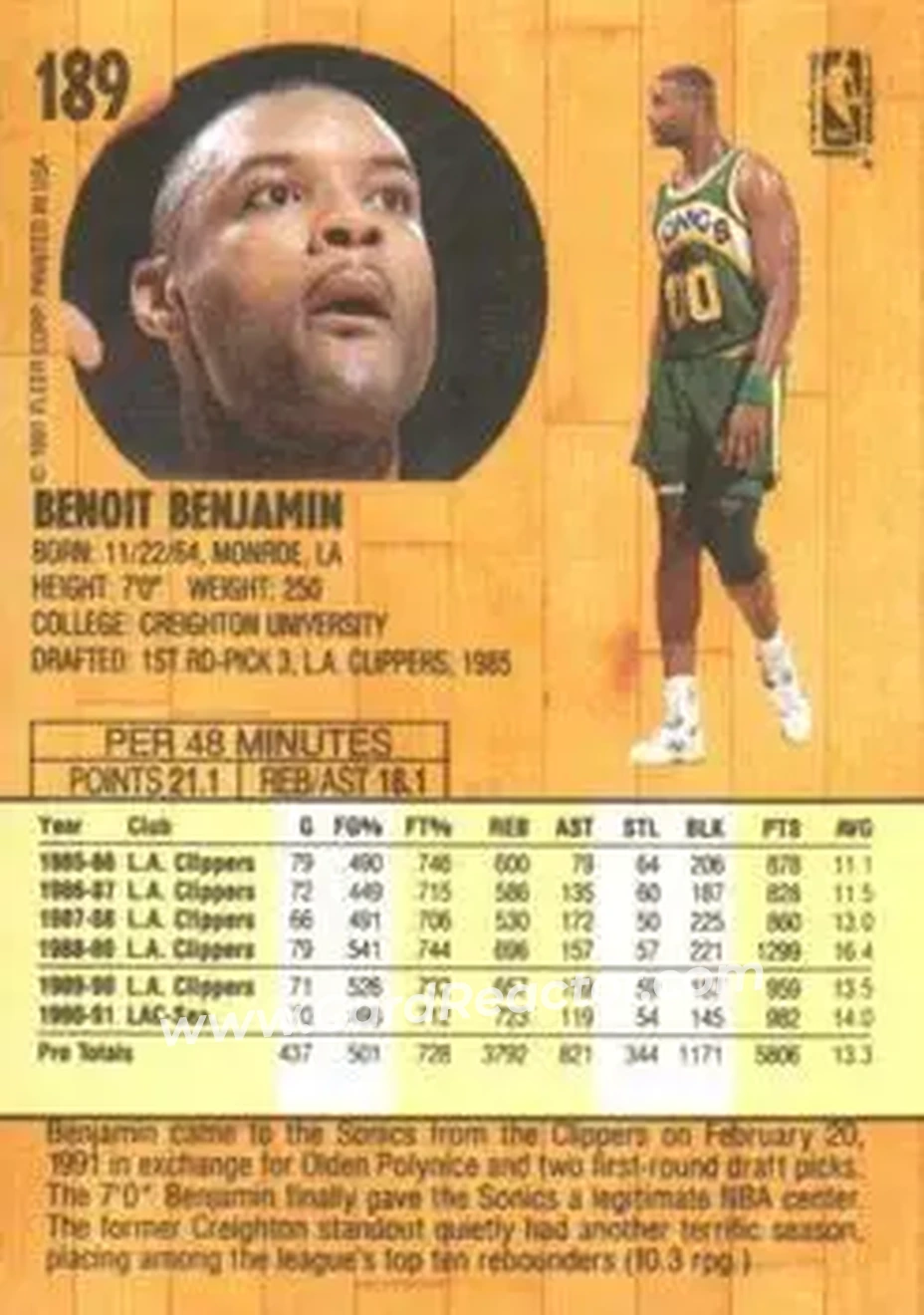 1991-92 Fleer #189 - Benoit Benjamin - Seattle SuperSonics - Back