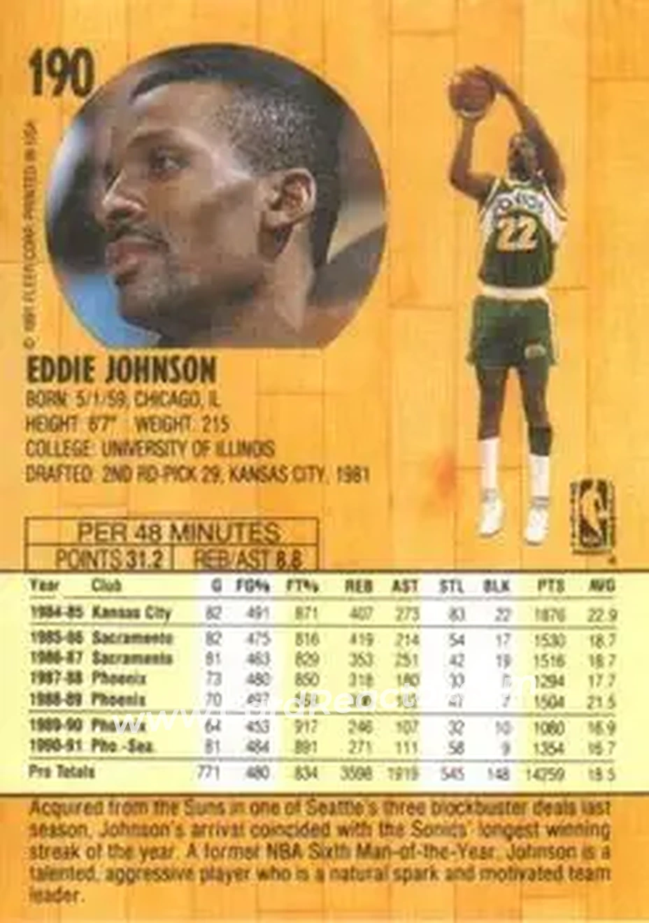 1991-92 Fleer #190 - Eddie Johnson - Seattle SuperSonics - Back