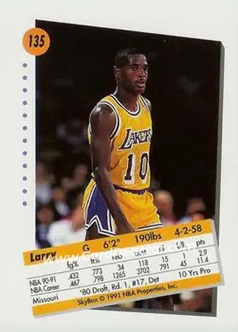 1991-92 SkyBox #135 - Larry Drew - Los Angeles Lakers - Back