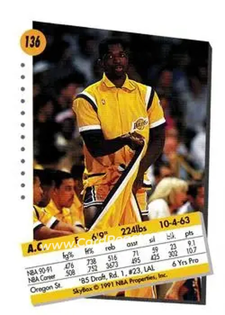 1991-92 SkyBox #136 - A.C. Green - Los Angeles Lakers - Back